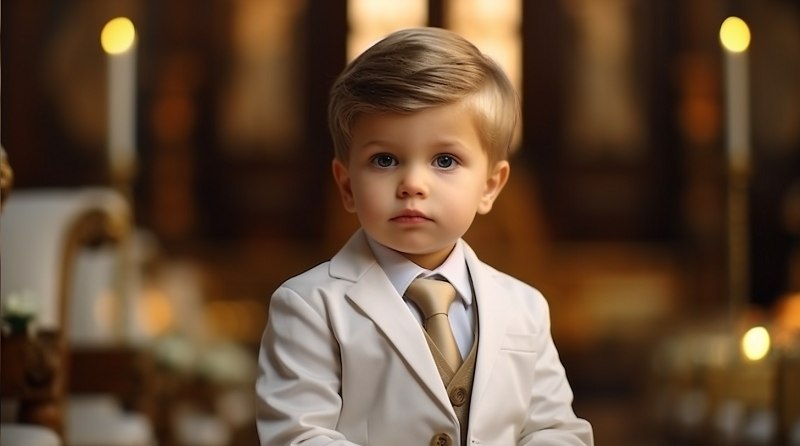 mały chłopiec w beżowym garniturze na weselu